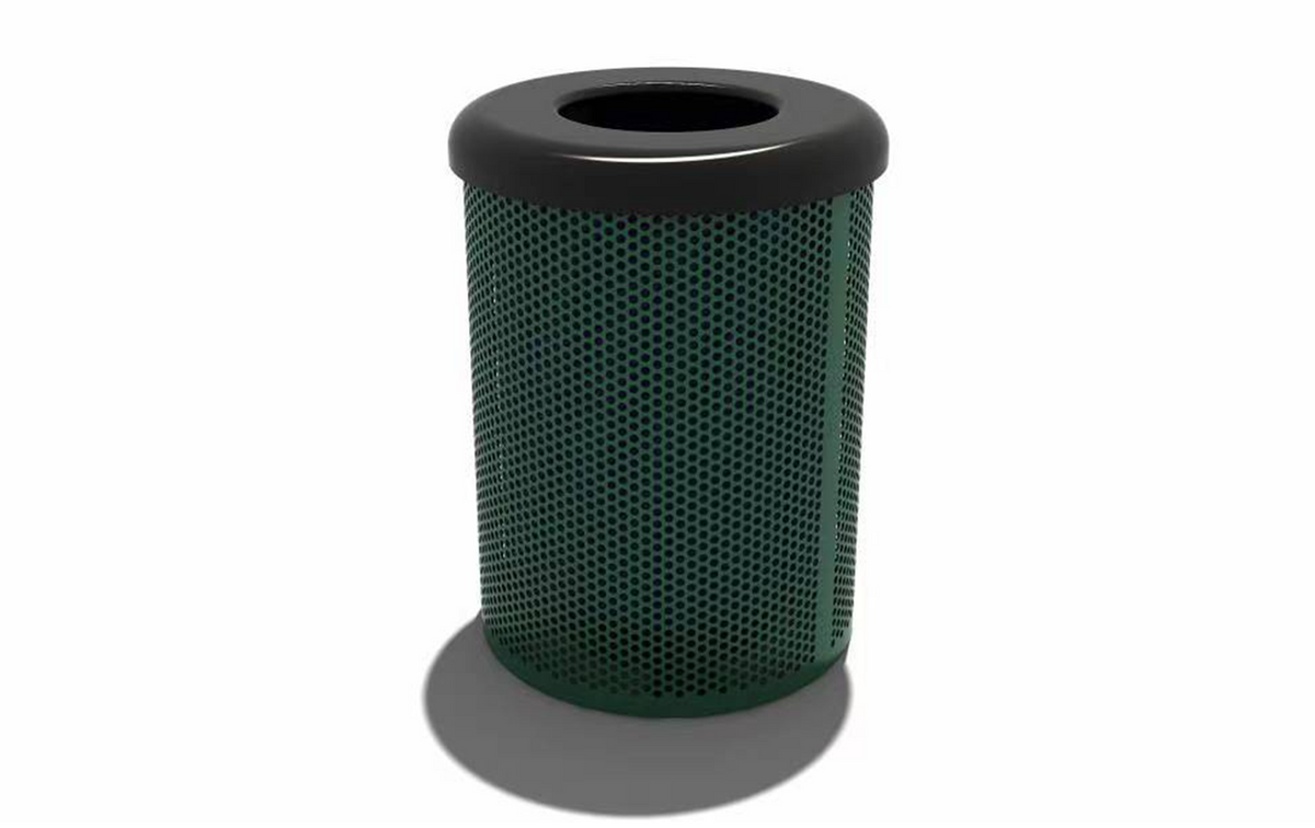 32 Gallon Punched Steel Trash Receptacle with Liner and Flat-Top Lid